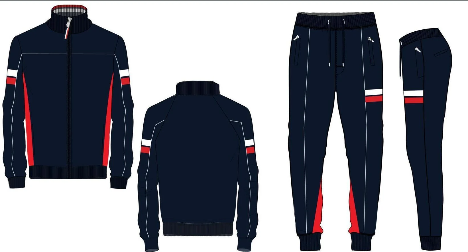 Navy blue tracksuit featuring a zippered jacket with red and white stripes and matching tapered pants with side pockets.