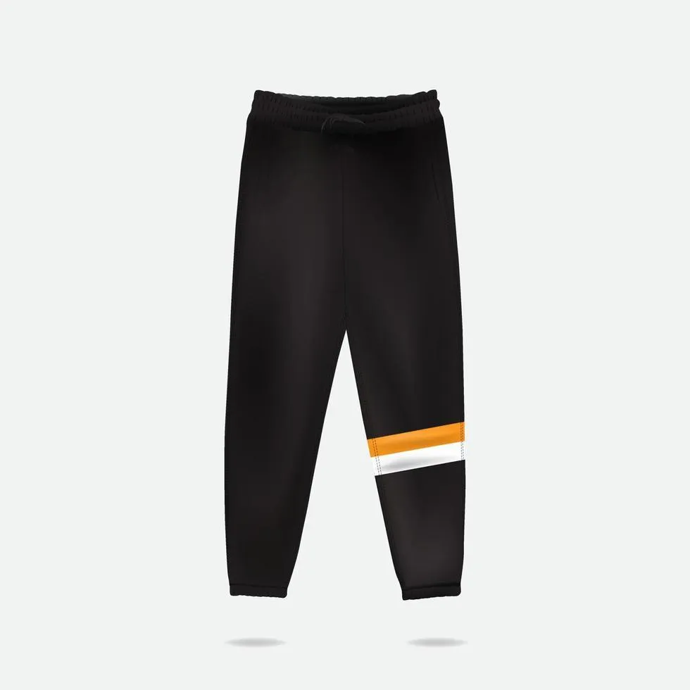 Black sweatpants featuring an orange and white striped design on the lower leg and an elastic waistband for comfort.