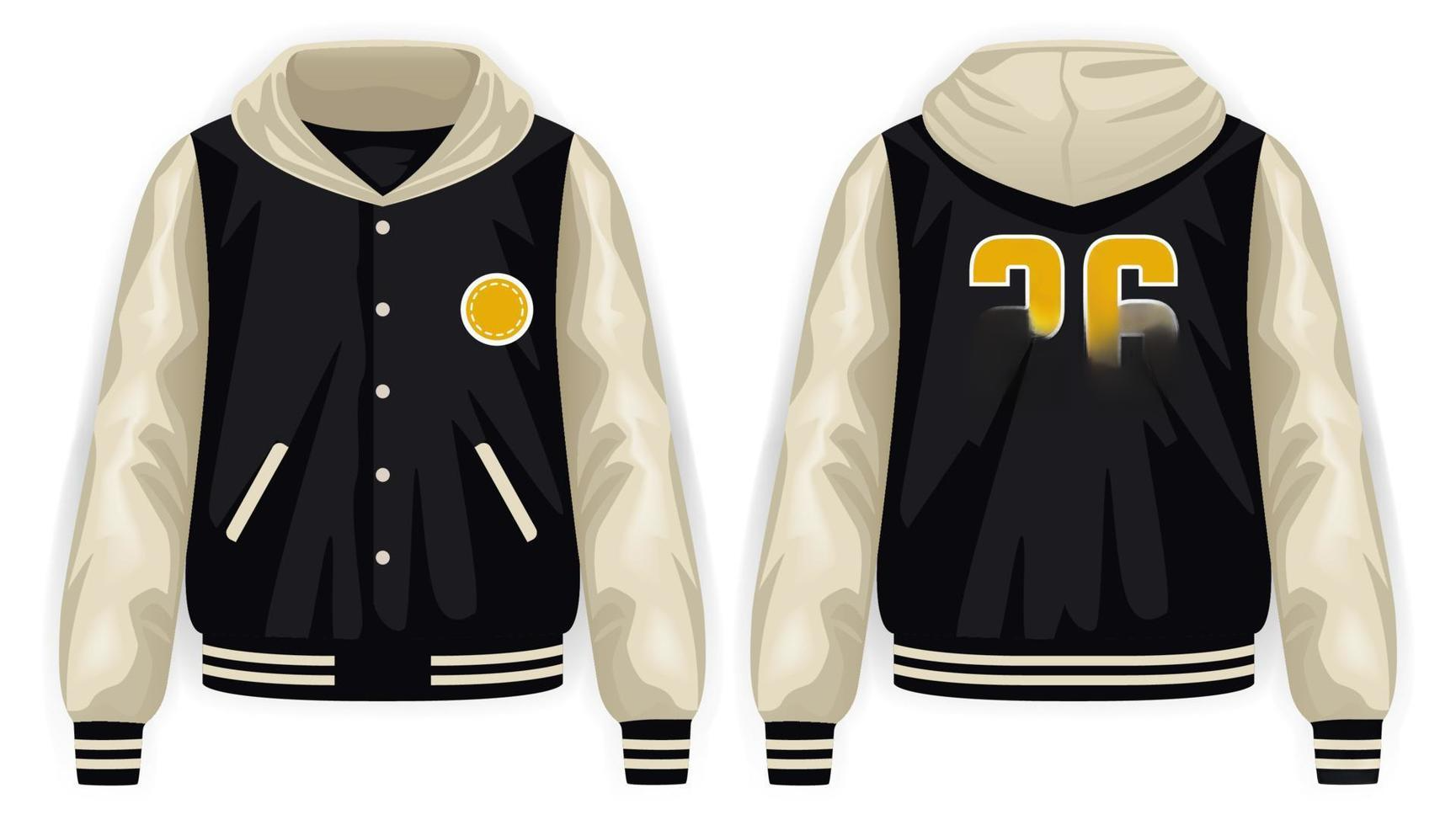 A black and beige varsity jacket featuring a circular patch on the front and the number "26" printed in gold on the back.