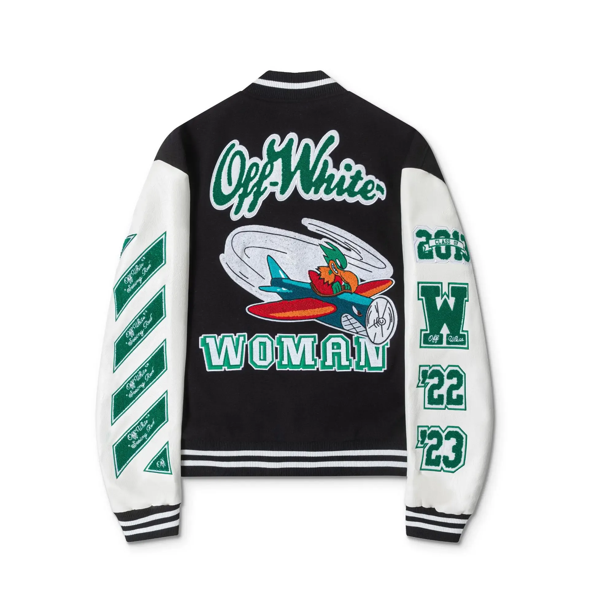 Back view of a black Off-White bomber jacket featuring colorful graphics, year lettering, and a cartoon character flying a plane.