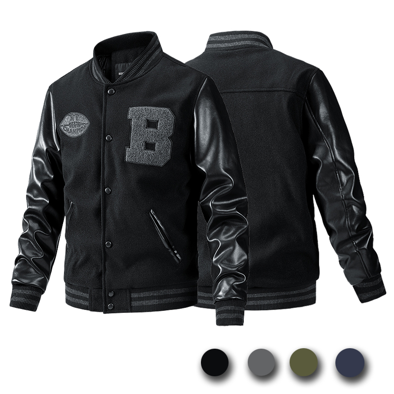 Black varsity jacket with leather sleeves, featuring a "B" patch and two side pockets, shown with four color options below.