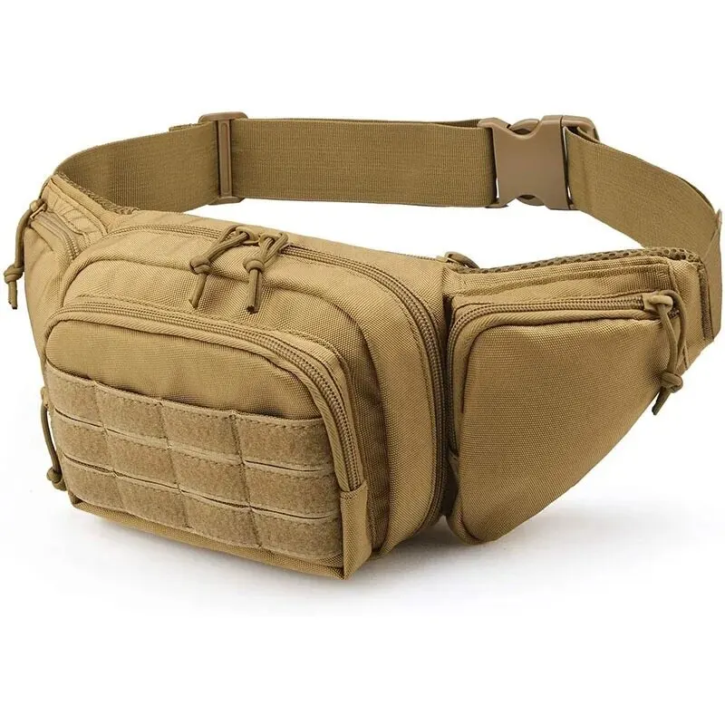 Tan tactical waist bag with multiple zippered compartments and MOLLE webbing for attachment, ideal for outdoor activities.