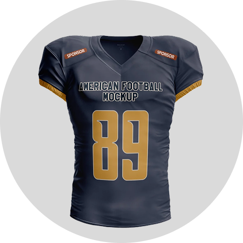 Dark navy American football jersey mockup, featuring golden number 89 and sponsor logos on the shoulders.