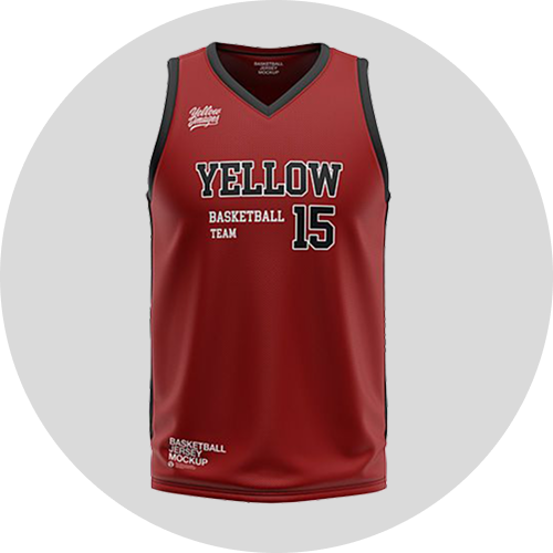 A red basketball jersey featuring "YELLOW BASKETBALL TEAM" and the number "15," displayed on a circular background.