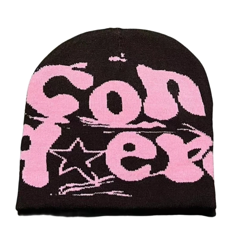Black beanie with bold pink letters and star designs, featuring a playful, graphic style.