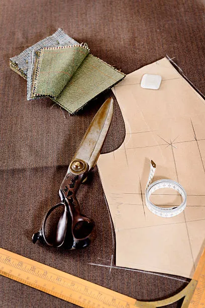 A pair of vintage scissors, fabric swatches, a tape measure, and a paper pattern lay on a brown fabric backdrop, surrounded by a ruler.