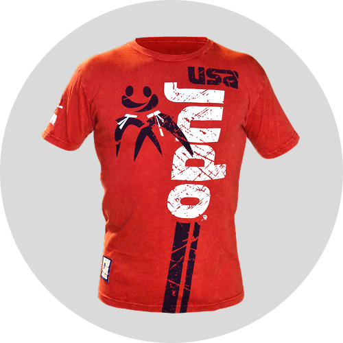 Red Judo t-shirt featuring "USA" and a graphic design with judo figures and bold text reading "Judo" on the front.