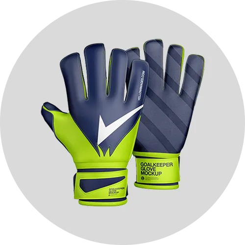 Bright green and blue goalkeeper gloves mockup featuring a sleek design and a prominent logo, showcasing protective sports gear.