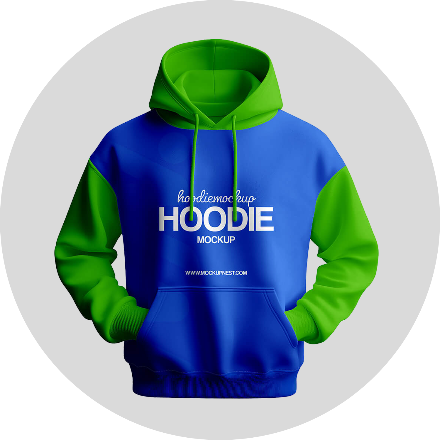 Vibrant blue and green hoodie mockup with white text branding at the center, presented against a circular grey background.