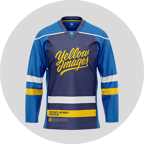 Blue hockey jersey with yellow and white stripes and "Yellow Images" logo, displayed on a circular gray background.