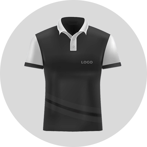 Black polo shirt with white sleeves, featuring a collar and a logo on the front, displayed on a gray circular background.