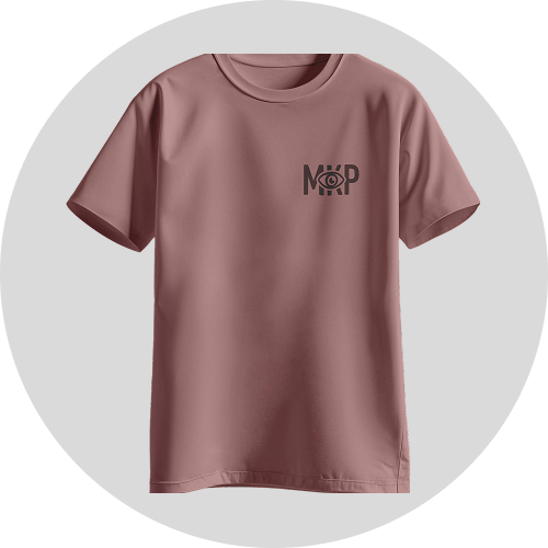 Dusty rose t-shirt featuring a stylish black logo on the chest, displayed on a circular gray background.