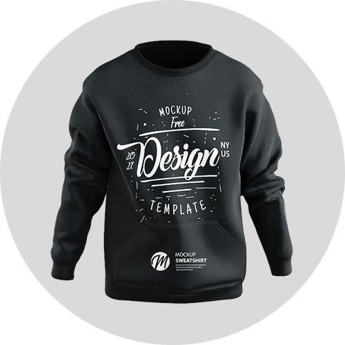 Black sweatshirt mockup featuring a stylish design template with "Mockup Free" and "2021 Design" text elements.