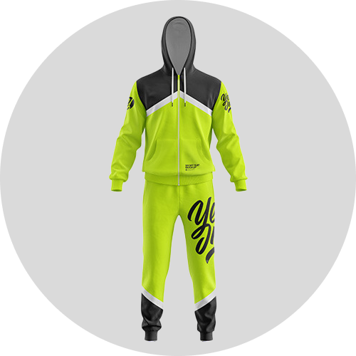Bright neon green tracksuit featuring a hood, black accents, and bold lettering, displayed against a circular neutral background.