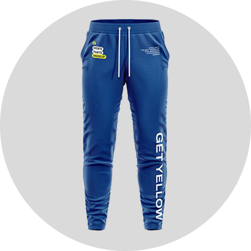 Blue joggers featuring playful text, including "GET YELLOW" and "IT'S JUST THATS WORLD," with a comfortable drawstring waist.