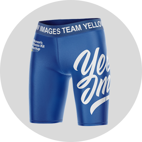 Blue women's fitness shorts featuring a bold white "Yes!" design and a branded waistband, displayed against a gray background.