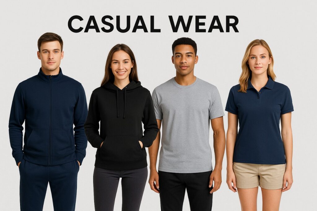 Four models showcase casual wear: a zip-up jacket, hoodie, t-shirt, and polo, set against a neutral background with "CASUAL WEAR" text.
