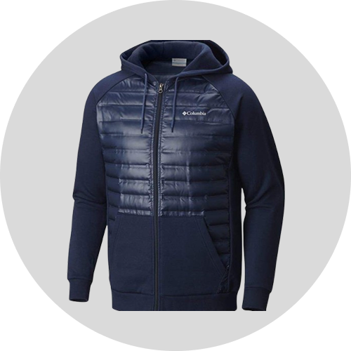 Navy blue Columbia hoodie with a puffy insulated front and a zip-up design, perfect for outdoor activities and casual wear.