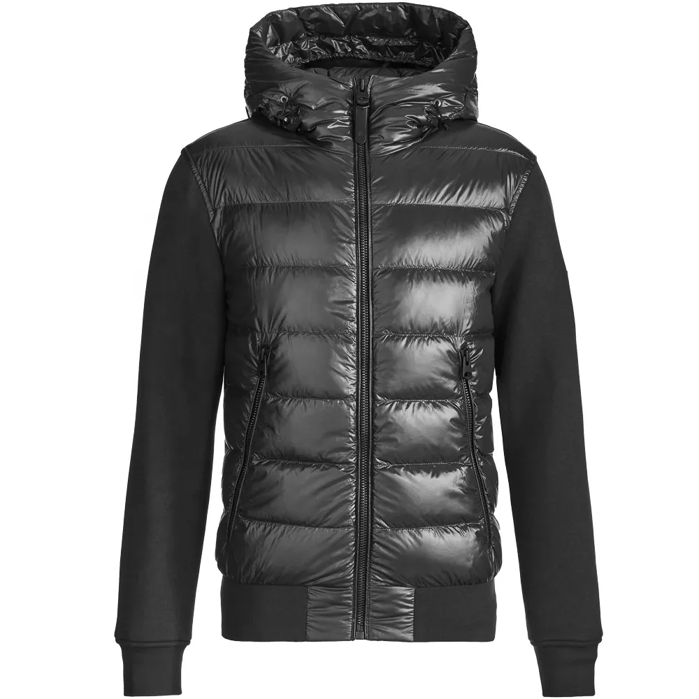 Black hooded jacket featuring a shiny, puffy front and soft fabric sleeves, combining style and warmth for cold weather.