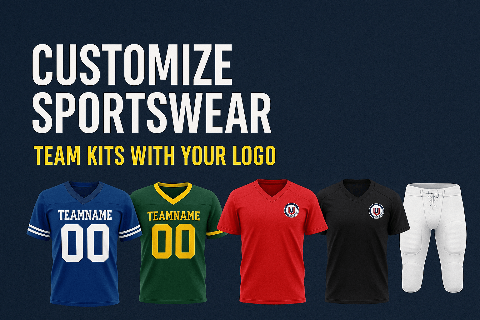 Customizable B2B sportswear kits in multiple colors – blue, green, red, black, and white with "Customize Sportswear