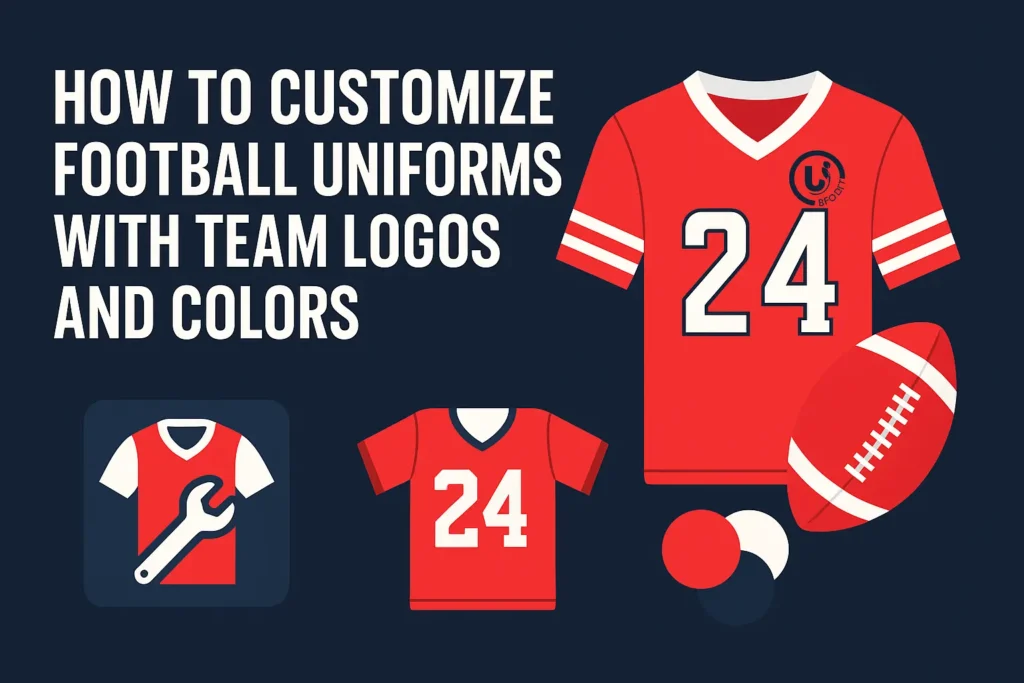 Graphic showcasing how to customize football uniforms, featuring red jerseys, a football, and design elements like numbers and logos.