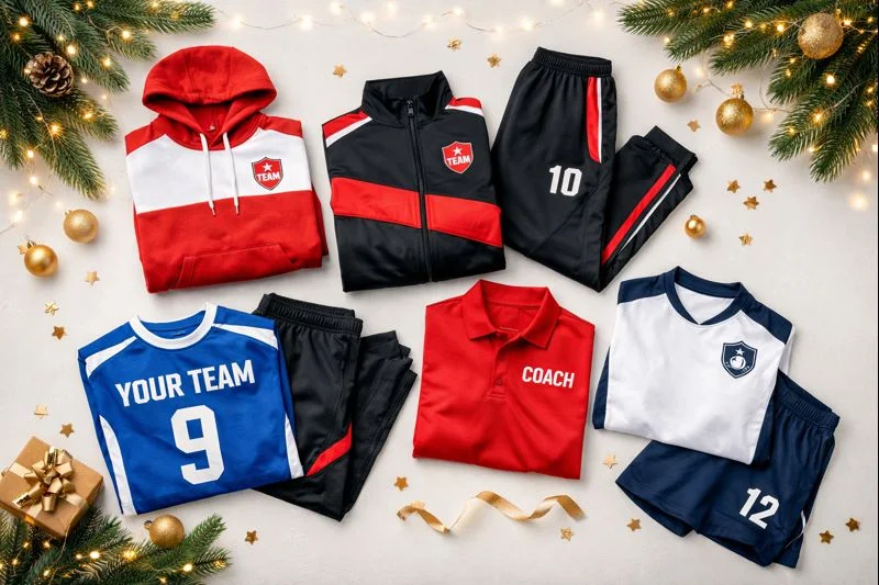 Custom sportswear team gifting for 2025 featuring branded hoodies, tracksuits, and teamwear in festive colors