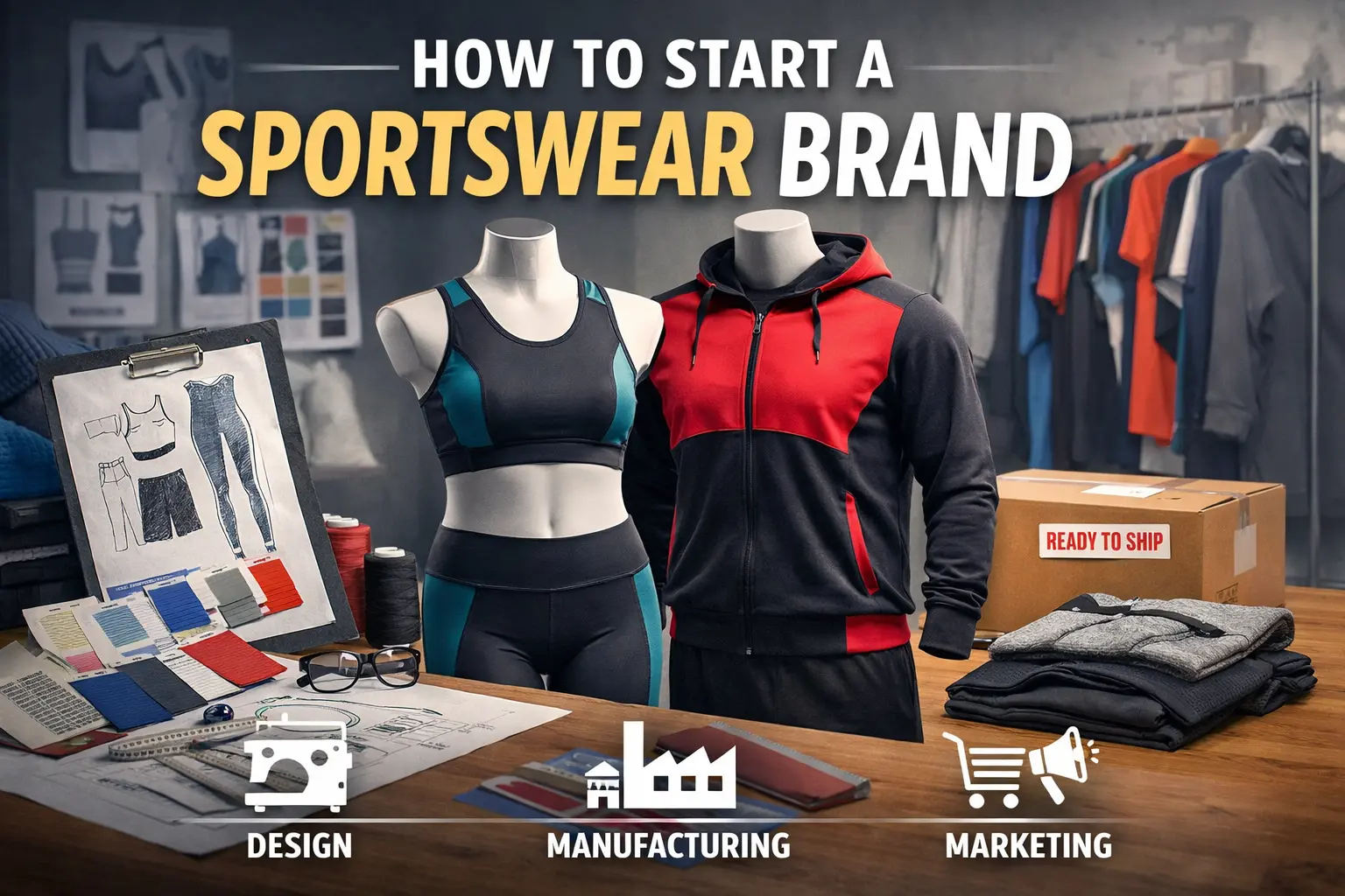Image illustrating steps to launch a sportswear brand, featuring design sketches, fabric samples, and marketing ideas.